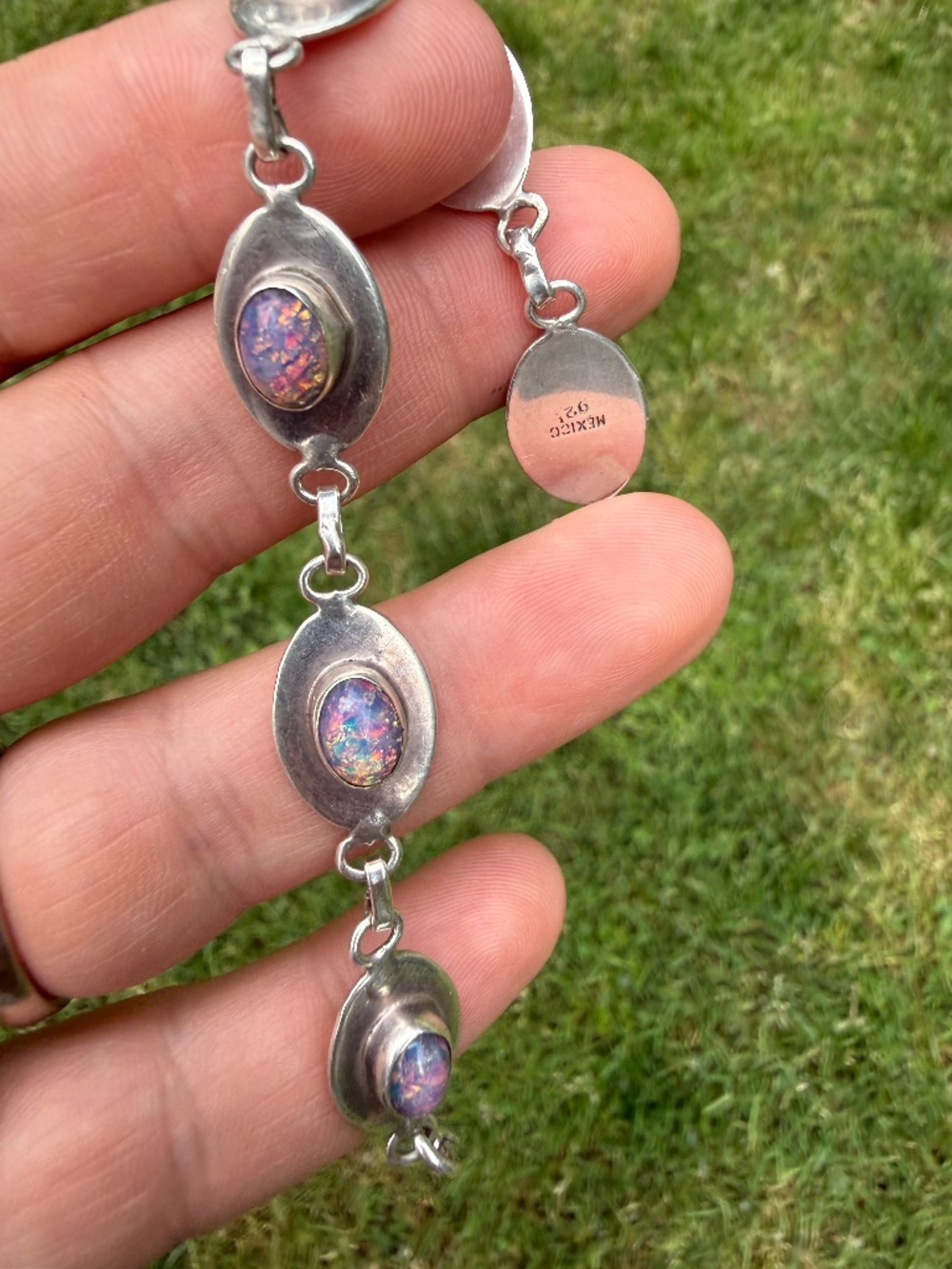 12 Grams Vintage 925 Sterling Silver Fire Opal?? Cabochon Link Bracelet 7.25”
